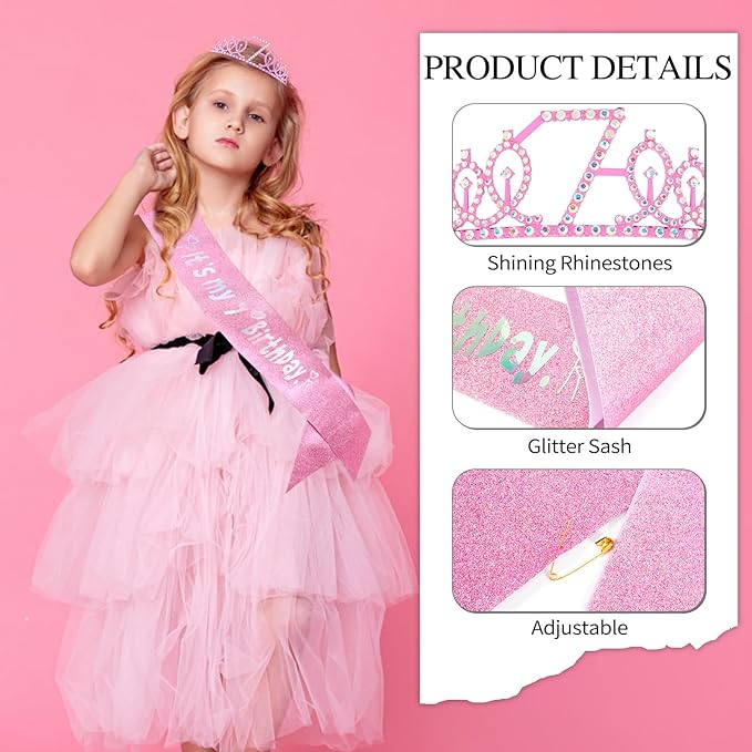 7th Birthday Celebration Set - Pink Crown, Glitter Sash, Number 7 Candle & Cake Topper | Party Decorations Kit