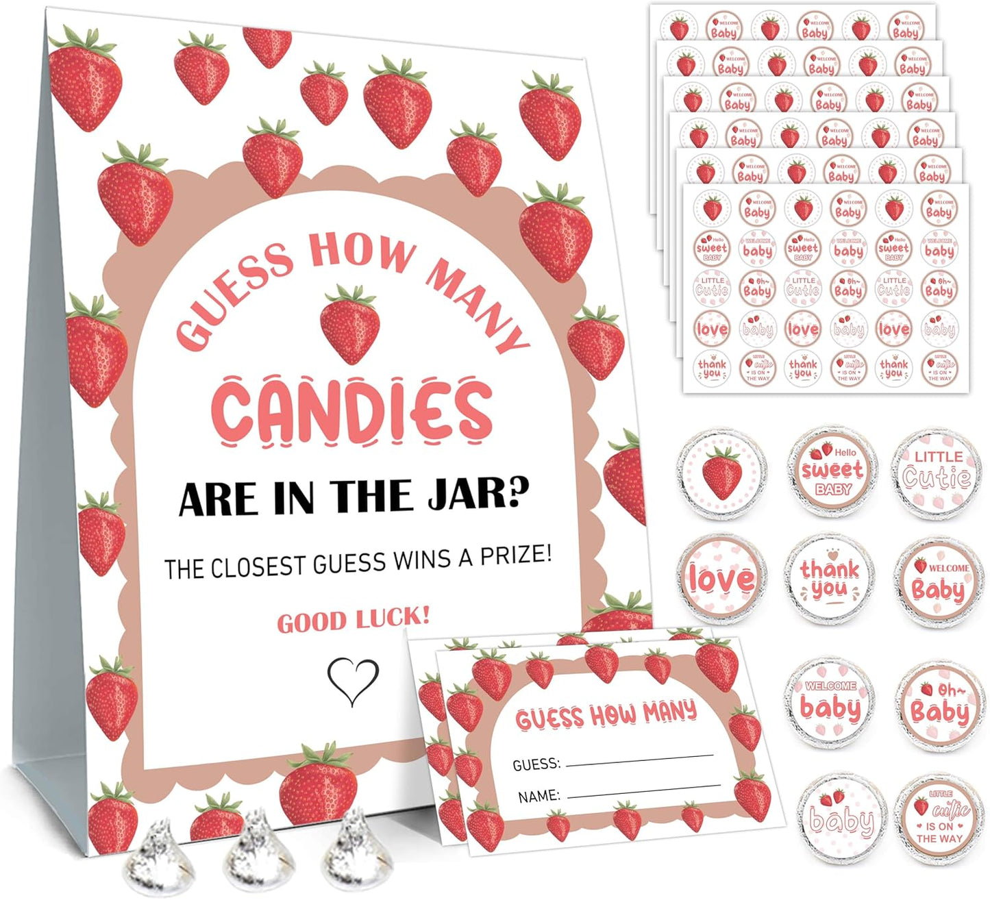 Guess How Many Candies Baby Shower Games, How Many Candies Standing Sign 50 Guessing Cards 180 Baby Shower Candies Stickers, Guess How Many Candies Strawberry Baby Showers Game Set for Birthday Party