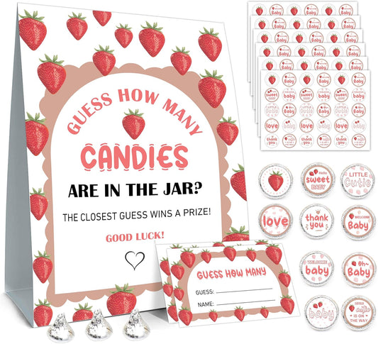Guess How Many Candies Baby Shower Games, How Many Candies Standing Sign 50 Guessing Cards 180 Baby Shower Candies Stickers, Guess How Many Candies Strawberry Baby Showers Game Set for Birthday Party