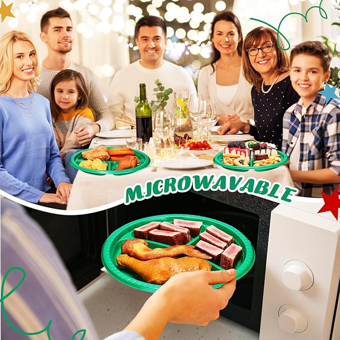 50 Pcs 10 Inch Plastic 3 Compartment Divided Plates Heavy Disposable Plates Duty Round Dinner Plates with Dividers for Wedding Birthday Party Dinnerware(Green)
