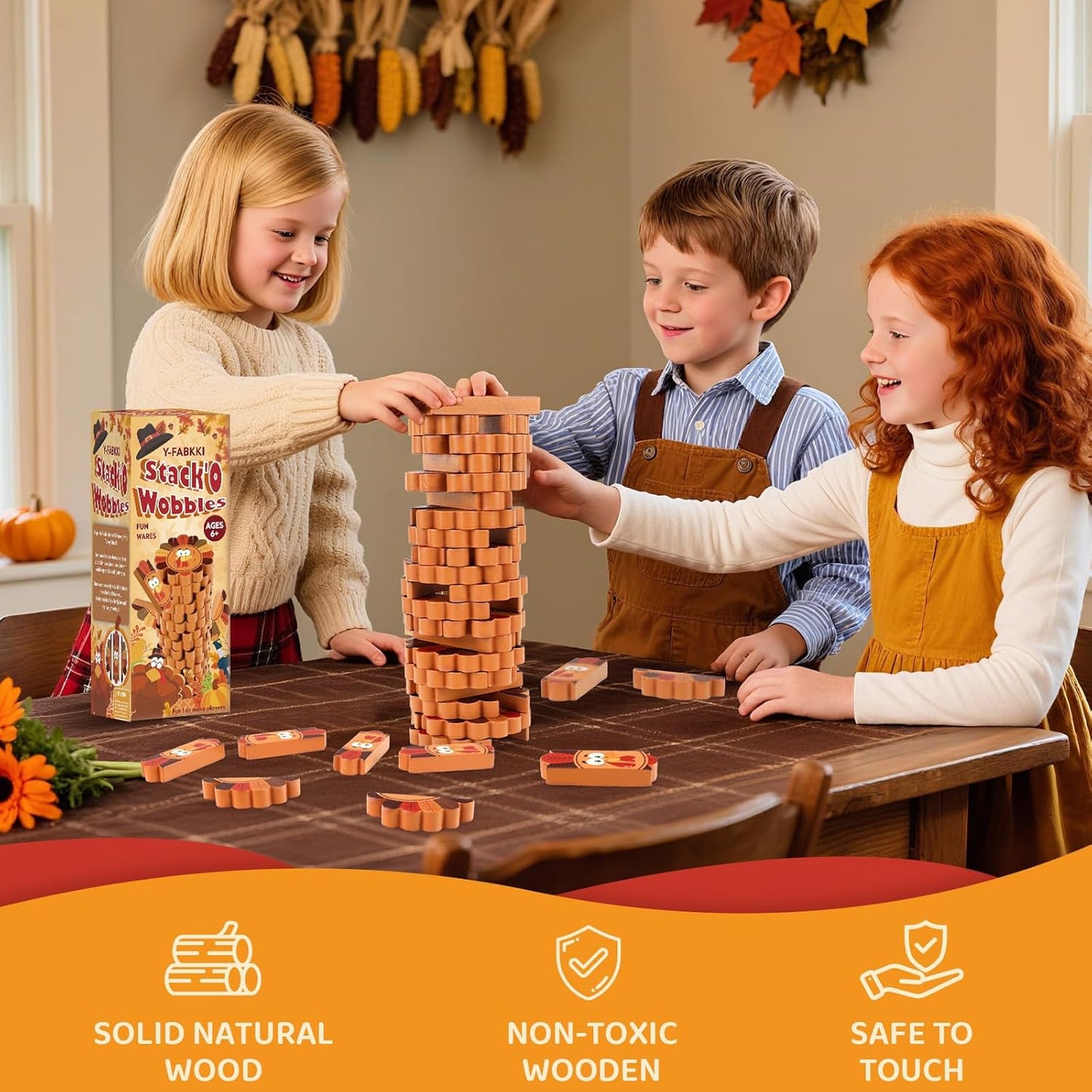 Thanksgiving Wooden Blocks Stacking Games, Turkey Theme Tumbling Tower and Balance Game for Adults, Kids, and Family Party, Stacking Board Toy with Storage Bag, Fall Party Activities Gifts