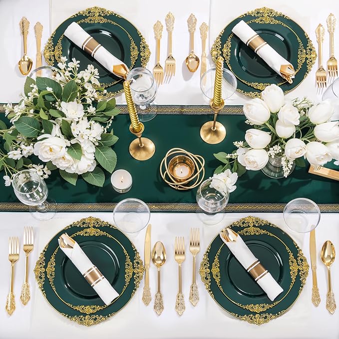 Nervure 175PCS Green Plastic Plates - Disposable Green Gold Party Plates & Pre Rolled Napkins with Cutlery for 25 Guests, 50Plates, 75Silverware, 25Cups, 25Napkin for Wedding & Party & St Patricks Day