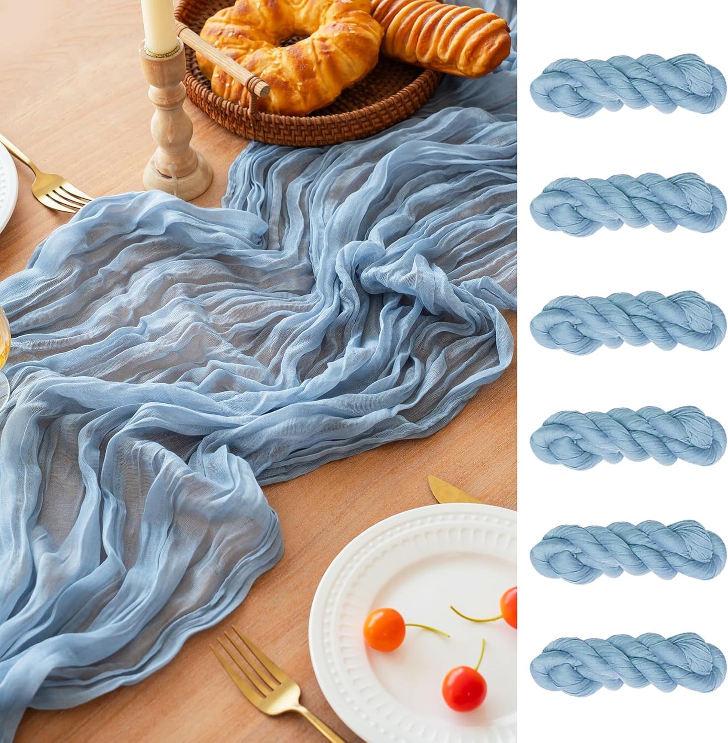 FEXIA 6 Pack Dusty Blue Table Runner 35x120 Inches Gauze Table Runner for Bridal Shower Wedding Party First Communion Centerpiece Engagement Boho Table Decoration (Dusty Blue)