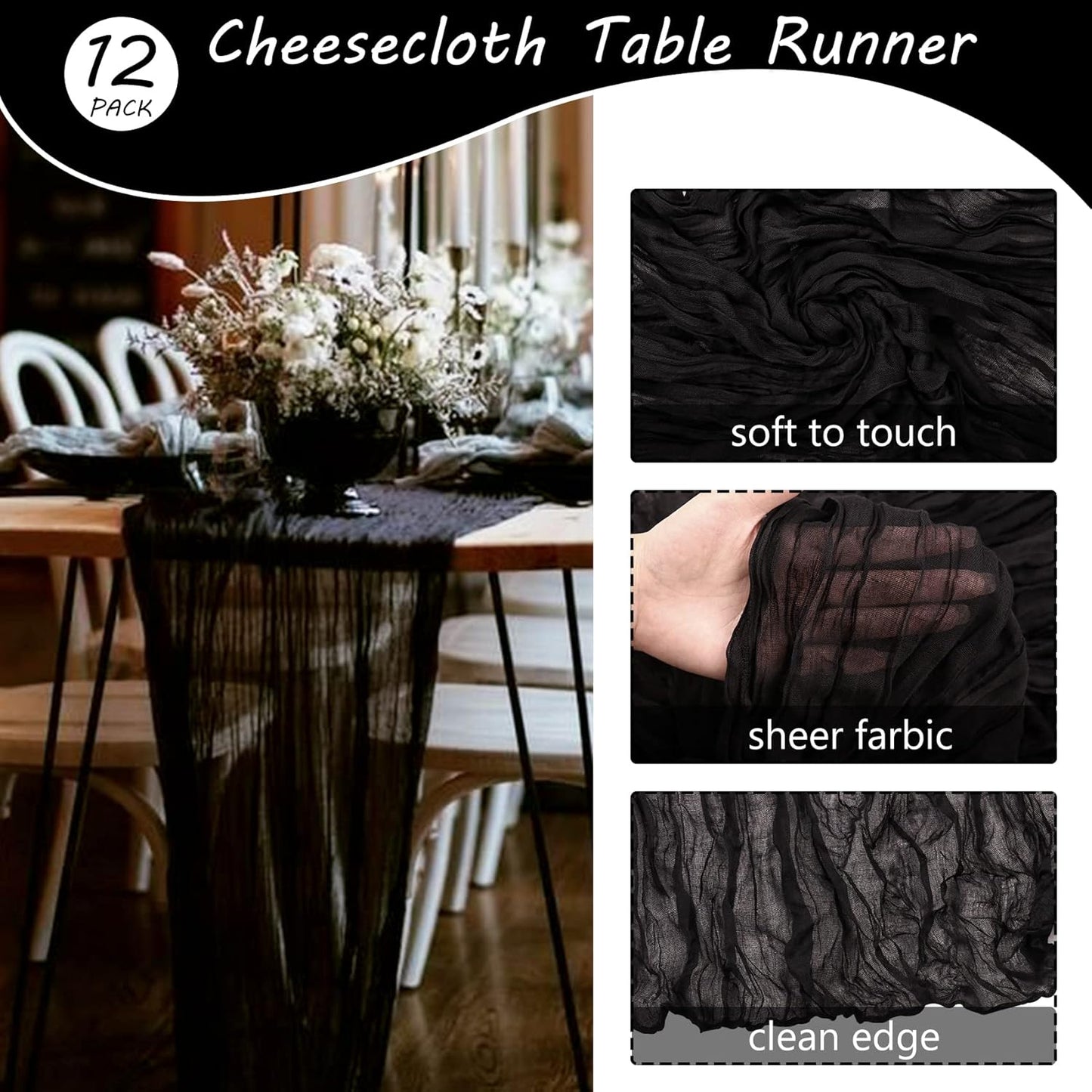 12 Pack Boho Gauze Table Runner 35x72 Inch - Rustic Cheese Cloth Long Table Runner for Wedding, Bridal Shower, Birthday Party Decor (Black)