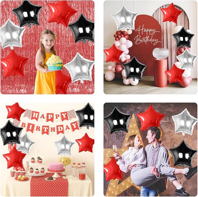 Red Black Silver Star Foil Balloons, 10PCS Foil Stars Shape Balloon, 18 Inch Red and Black Stars Balloons for Helium Pentagram Balloon for Kids Boys Birthday, New Years, Graduation Party Decorations