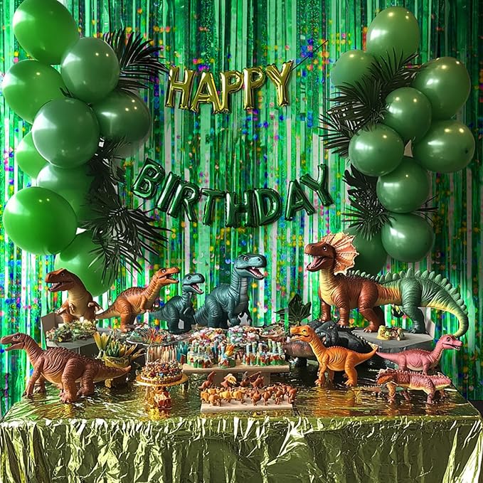 4 Packs Green Foil Fringe Curtain, Green Glitter Metallic Tinsel Backdrop for Birthday, Wedding, Baby Shower, Halloween, Christmas, Hawaiian Luau, Football, Dinosaur Jungle Party Decorations Supplies