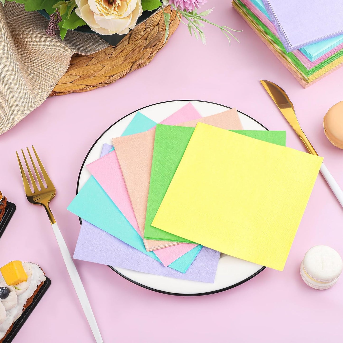Resinta 120 Pieces Cocktail Napkin Pastel Rainbow Paper Napkins Beverage Luncheon Paper Napkins 2 Ply for Party Favors, 6 Colors
