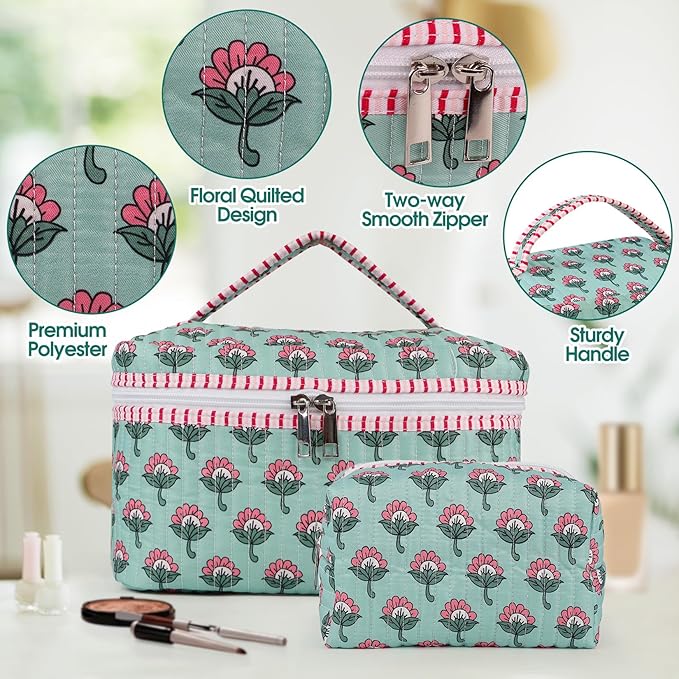2Pcs Quilted Makeup Bag Set, Floral Boho Toiletry Bag Travel Essentials Gifts for Women Girls, Cute Flower Cosmetic Organizer Pouch Make Up Bags for Travel Bachelorette Party Favors (Pink - Ice Green)