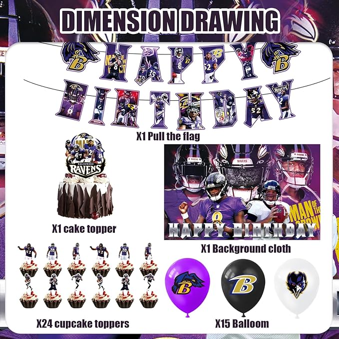 42pcs Baltimore Party Decoration Pack Includes，Banner，Cake Topper，Blackdrop,Balloons for Ravens party decoration