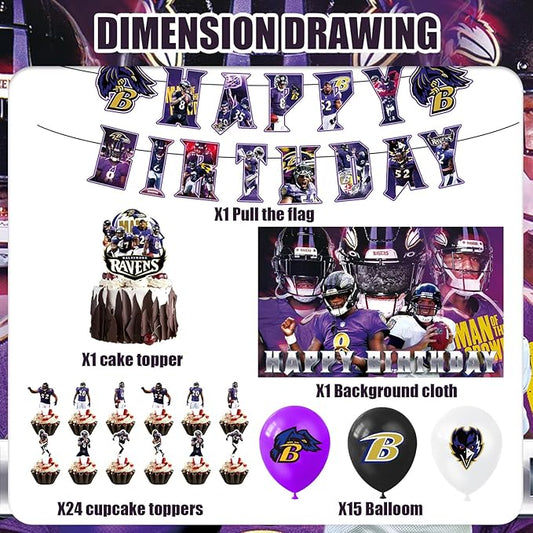 42pcs Baltimore Party Decoration Pack Includes，Banner，Cake Topper，Blackdrop,Balloons for Ravens party decoration
