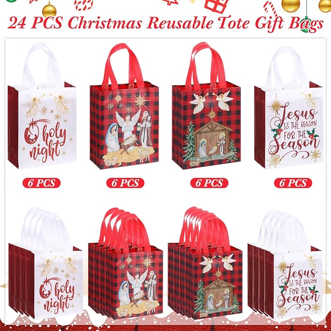 Wesnoy 24 Pcs Christmas Nativity Bags Bulk 10 x 8 x 4 Inch Christmas Jesus Non Woven Gift Bags with Handles Holy Night Religious Jesus Decoration Gift Packaging Reusable Christian Supplies for Xmas