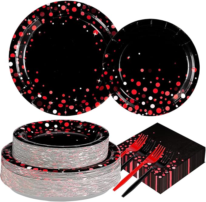 Grencian 200Pcs Black and Red Party Supplies Valentine's Day Red Dot on Black Plates and Napkins Disposable Tableware Set for Birthday Wedding Baby Shower Valentine's Day Party Decorations, Serves 50