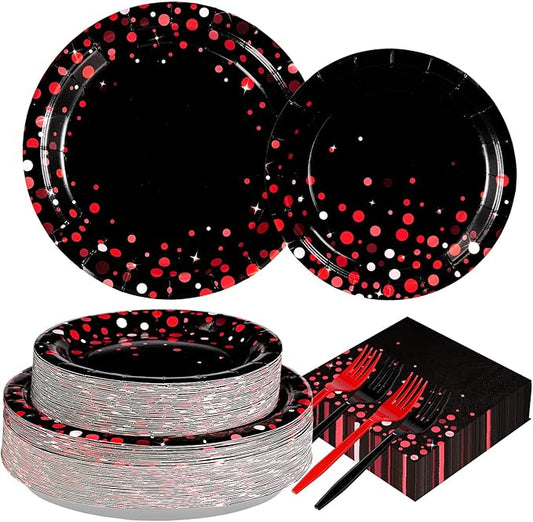 Grencian 200Pcs Black and Red Party Supplies Valentine's Day Red Dot on Black Plates and Napkins Disposable Tableware Set for Birthday Wedding Baby Shower Valentine's Day Party Decorations, Serves 50