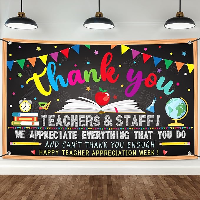 Happy Teacher Day Banner Teacher Appreciation Week Decorations Flag Outdoor 71x44 Inch School Classroom Backdrop,Thank You Teacher Gifts for Indoor Home Party Supplies,Yard Sign Photography Background