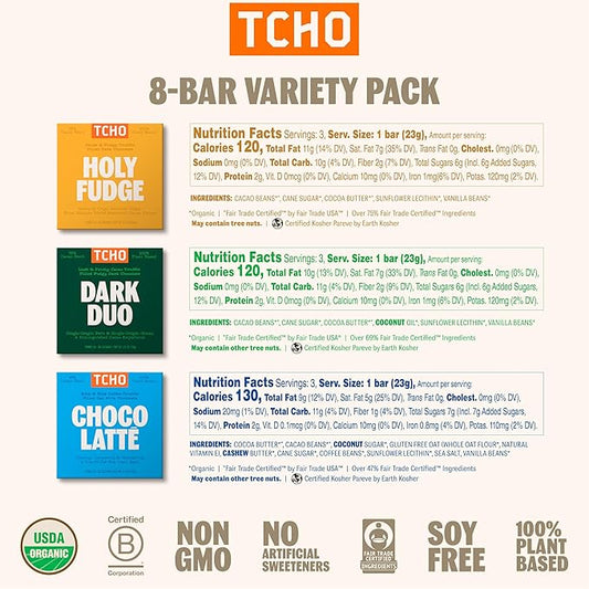 TCHO 100% Plant-Based Dark & Milk Chocolate Variety Pack - Gourmet Assortment with Toffee Time, Choco Latte, Dark & Salty, & More - Vegan No Artificial Sweeteners Chocolate Gift - 8 Count