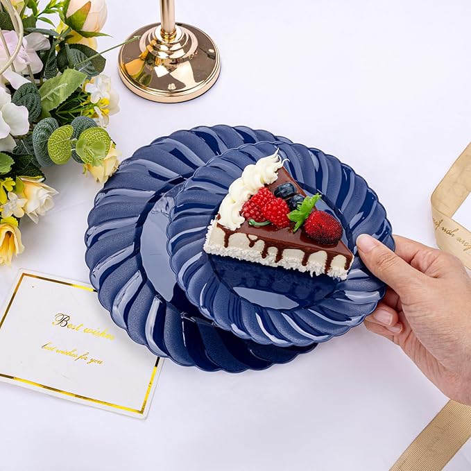 U-QE 100PCS Blue Disposable Plates - Heavy Duty Blue Plastic Hanukkah Plates for Hanukkah/Party/Wedding - Include 50PCS 9inch Dinner Plates and 50PCS 6.5inch Dessert/Salad Plates