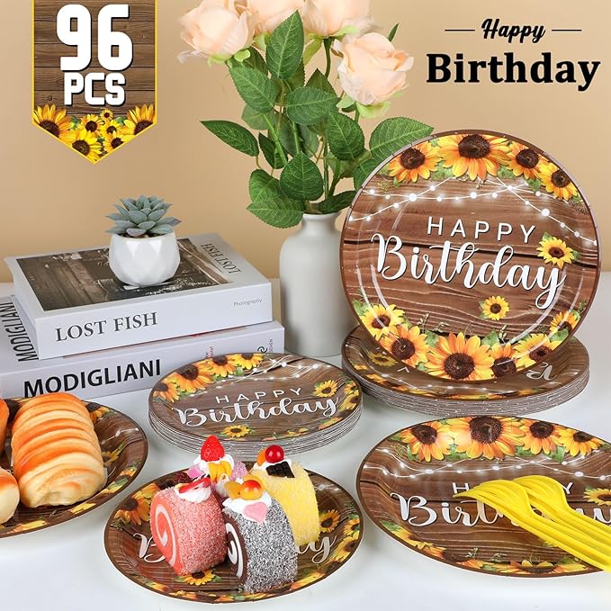 96Pcs Sunflower Birthday Party Supplies Sunflower Birthday Paper Plates Napkins Wood Grain Themed Party Decorations Wood Grain Dinnerware Party Favor Tableware Serves 24