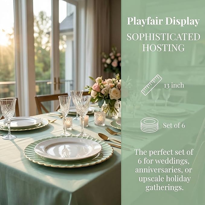 Light Green Charger Plates, 13 Inch Plastic Round Dinner Charger Plates for Wedding Party, Tabletop Decor. (Set of 6)