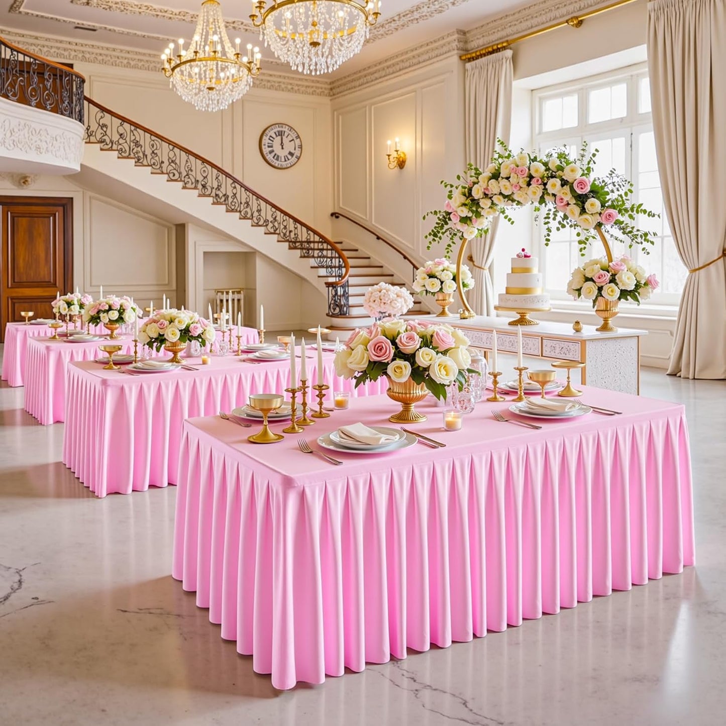 HB HBB MAGIC 6 Pack Pink Tablecloths for 6 Foot Rectangle Tables, Elegant Pleated Table Skirt – Wrinkle Free Stretch Fitted Table Cover for Weddings, Banquets, Birthday Parties & Events
