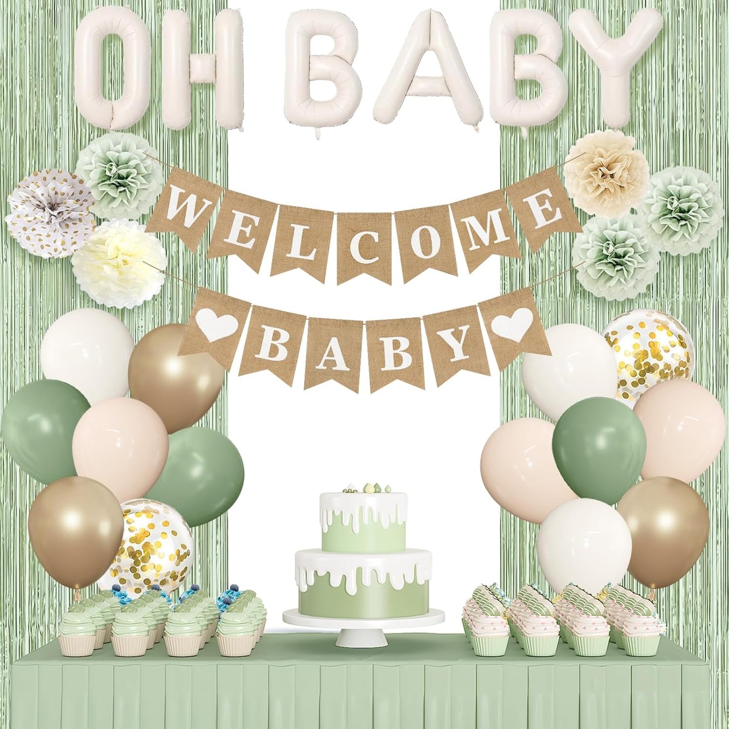 Ouddy Party Sage Green Baby Shower Decorations for Baby, Green Balloons with WELCOME BABY Banner Fringe Curtains Foil Balloons Paper Flower for Boho Baby Shower Birthday Gender Reveal Party Supplies