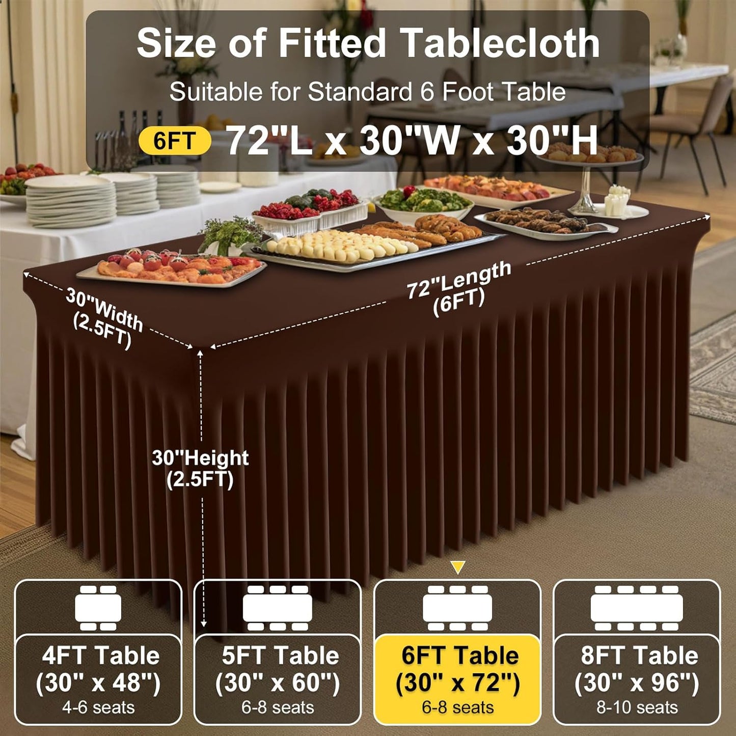 Smiry Spandex Tablecloth, Elastic Fitted Stretch Tablecloth for 6FT Rectangle Tables, Waterproof Washable Table Cover Skirt for Outdoor, Wedding, Banquet & Parties (Coffee, 72Lx30Wx30H Inch)