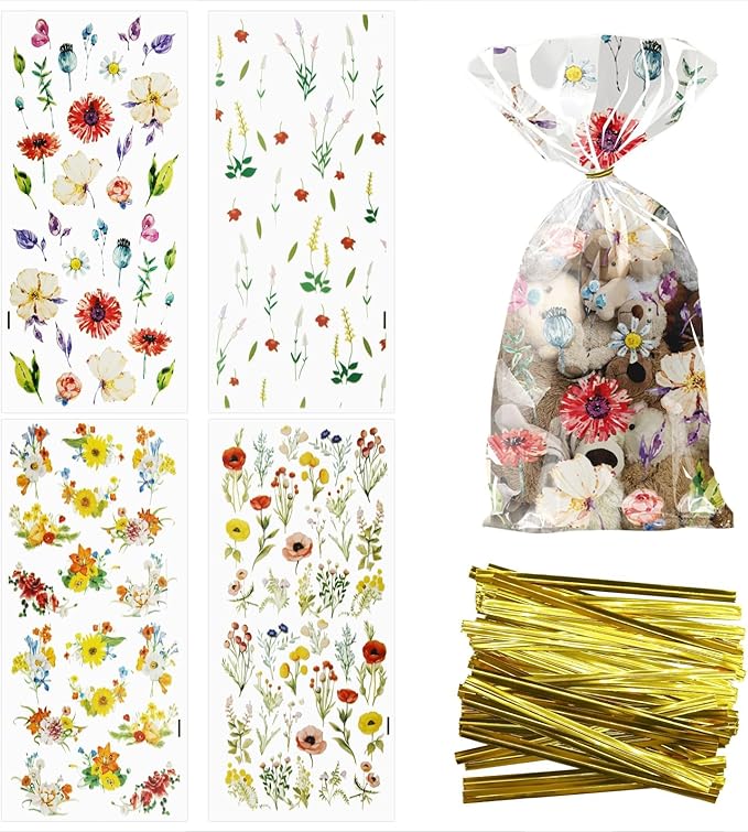 CANIPHA 100Pcs Wildflower Party Cellophane Treat Bags Plastic Floral Candy Cookie Packing Clear Goody Gift Bags Favor Decorations 4 Design with 100 Ties for Birthday Baby Shower Tea Party Supplies