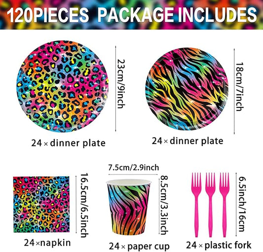 120pcs Neon Rainbow Leopard Birthday Party Supplies Sparkly Splatter Paper Tableware Set Include Leopard Plates Napkins Tiger Print Cups for Girls Neon Cheetah Birthday Party Decorations Serve 24