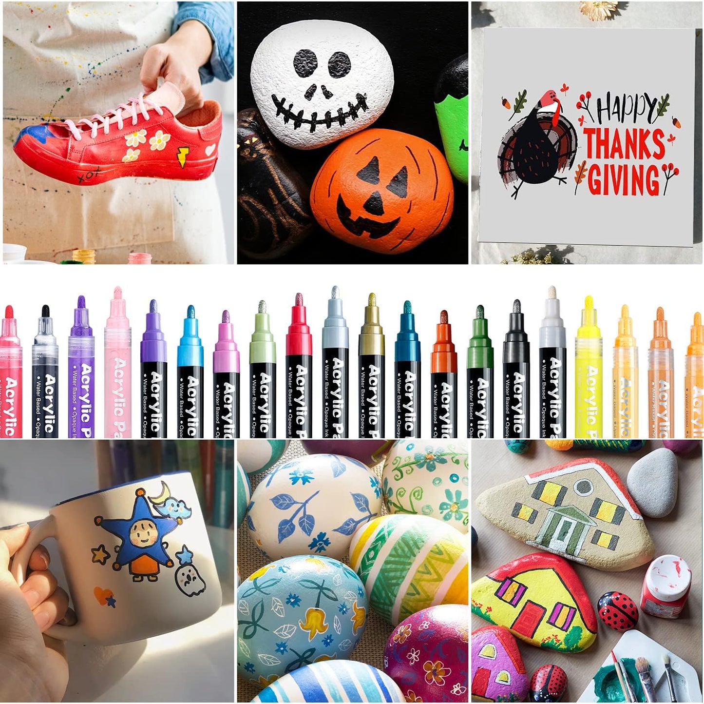 FUMILE Paint Pens paint Markers, 60 Colors Acrylic Paint Marker Pen Set include Metallic Color (12 PCS) and Normal color (48 PCS). Ideal for Rock Wood, Metal, Plastic, Glass, Canvas, Easter egg DIY.