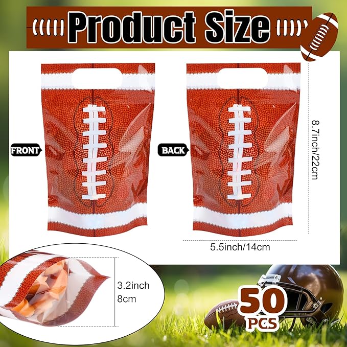 Blosssound 50 Pcs Sport Plastic Bags Clear Football Sealed Pouches with Handles Resealable Football Party Gift Bags for Sports Theme Birthday Party Candy Gift Wrap Supplies Decoration