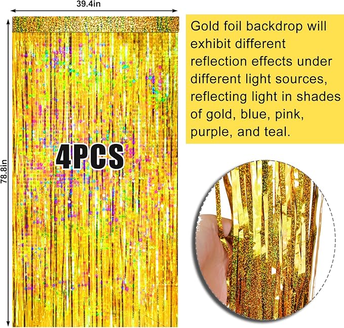 4 Packs Gold Foil Fringe Curtain, Gold Glitter Metallic Tinsel Backdrop for Birthday, Wedding, Baby Shower, Bachelorette, Graduation, Christmas, New Years Eve Party Decorations Supplies