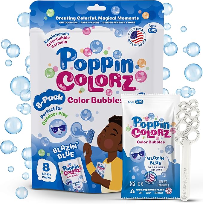 PoppinColorz Blazin' Blue Stain-Free Bubbles Party Favors – 8-Pack for Kids with Wands, Non-Toxic Party Favor for Birthday, Gender Reveal & Outdoor Fun – Bubbles Made in USA