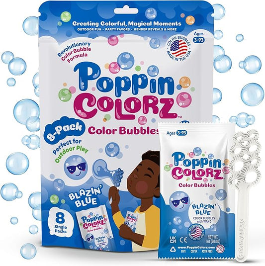 PoppinColorz Blazin' Blue Stain-Free Bubbles Party Favors – 8-Pack for Kids with Wands, Non-Toxic Party Favor for Birthday, Gender Reveal & Outdoor Fun – Bubbles Made in USA