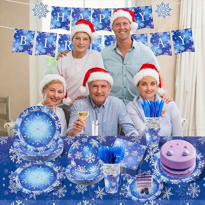 182 Pieces Frozen Birthday Party Supplies Serve 30,Blue and Purple Snowflake Winter Wonderland Disposable Tableware for Christmas Winter Holiday Decorations