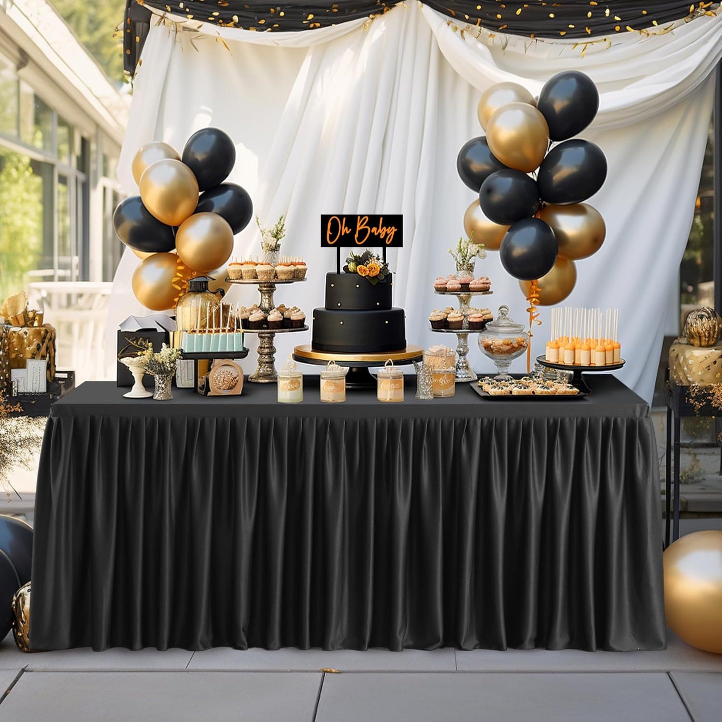 Black Polyester Table Skirt for Rectangle Tables 6ft, Wrinkle Free Pleated Ruffle Fitted Table Cover 6ft Stretch Tablecloths with Skirt for Parties Weddings Birthday Banquet Baby Shower