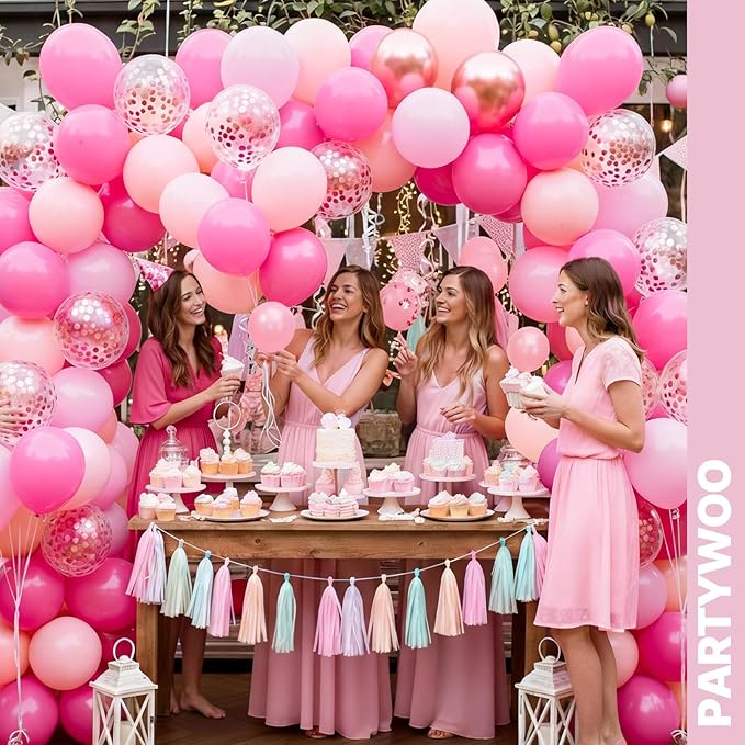 PartyWoo Pink and Gold Balloons 65pcs 12 Inch Metallic Gold Pearl Matte Hot Light Pastel Pink Confetti Balloons for Gender Reveal Baby Shower Bridal Shower Princess Birthday Party Decorations
