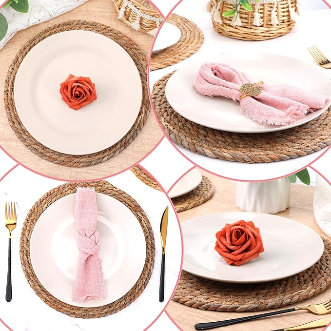 Set of 16 Round Woven Rattan Placemats, 12 Inch Boho Farmhouse Table Mats Natural Cattail Charger Plates for Dining Table Decor Heat-Resistant Braided Place Mats