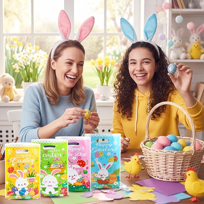 Easter Treat Bags, 100 PCS Easter Gift Bags with Handles, Plastic Happy Easter Day Cookie Goodie Candy Bag Easter Bunny Cute Spring Party Favor Bag for Easter Party Favors Supplies, 6.5x10 Inch