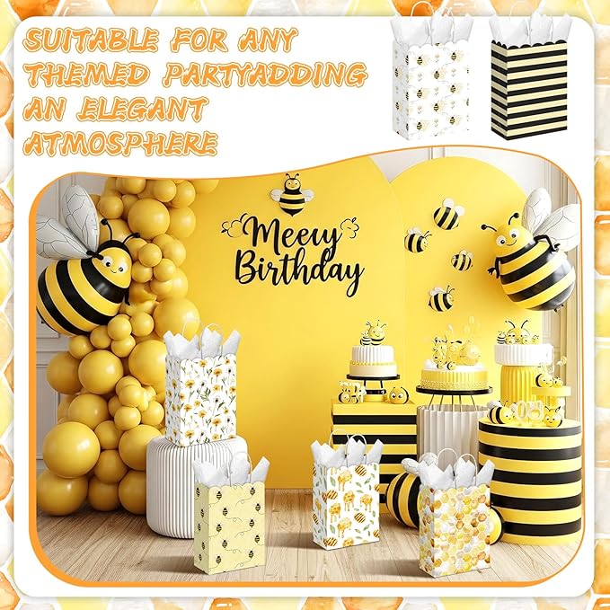 Kolldenn 24 Pcs Bee Party Gift Bags with Handles Paper Candy Treat Goodie Bags Scalloped for Birthday Decoration for Bridal Baby Shower Tea Party Supplies