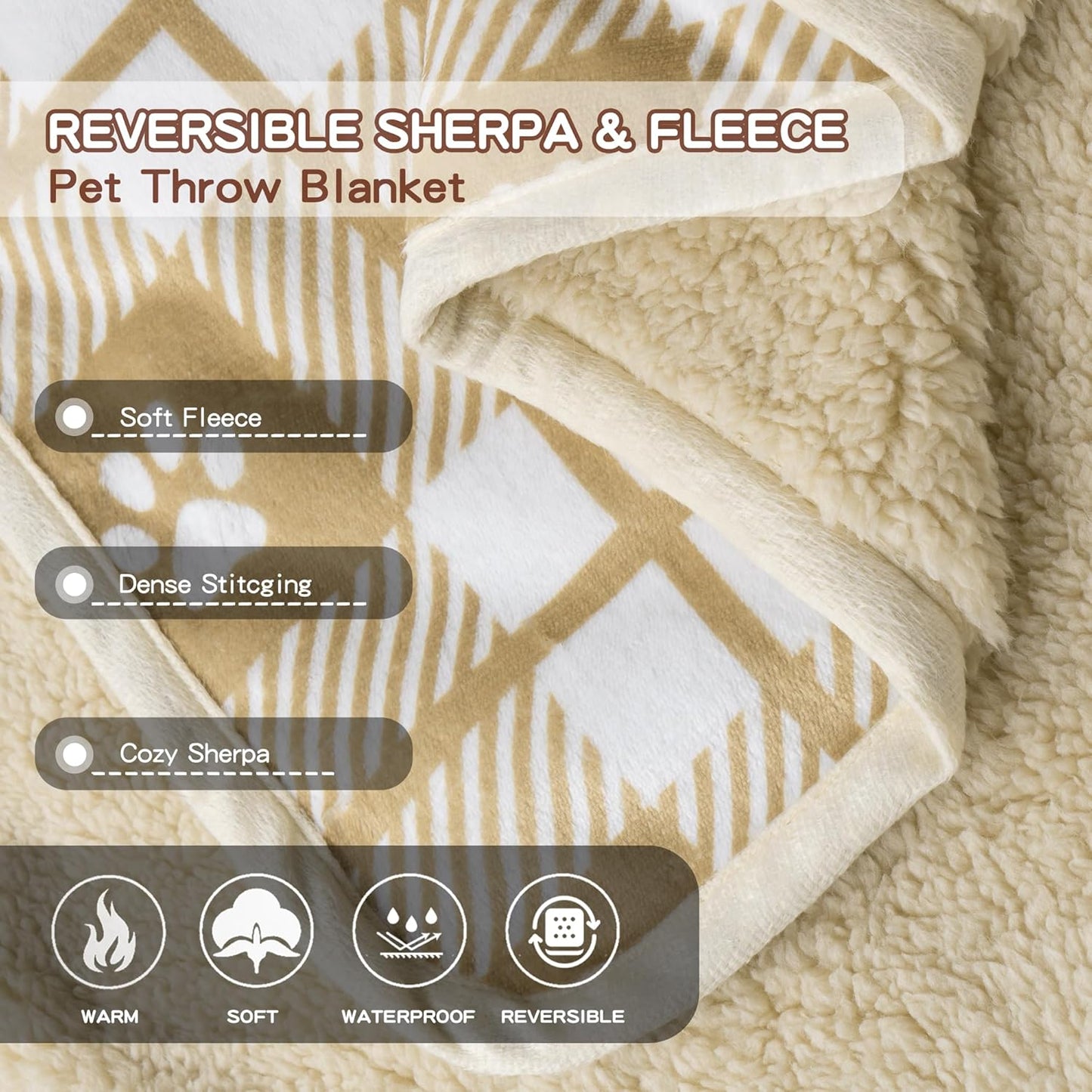 Waterproof Dog Blankets Pet Blanket 50"x60", Soft Fluffy Sofa Car Bed Protector, Reversible Sherpa Fleece Dog Blanket for Large Dogs Christmas Decor(Light Yellow)