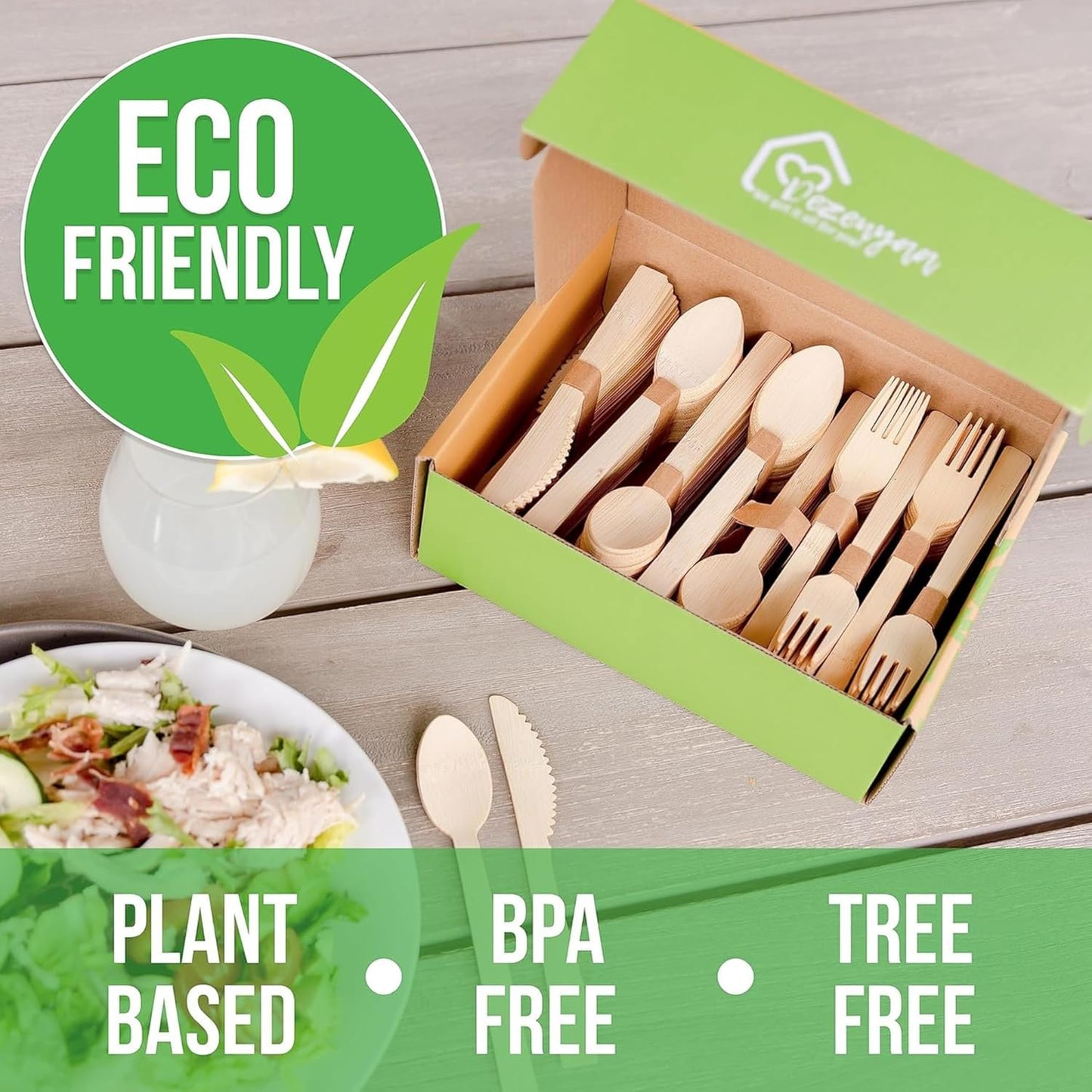 Party-Ready Bamboo Cutlery – 250 Piece Compostable Bamboo Utensils Set [100 Forks,100 Spoons, 50 Knives] Eco-Friendly, Disposable Tableware for Weddings,Picnics Essentials&Events – by Dezenyaa