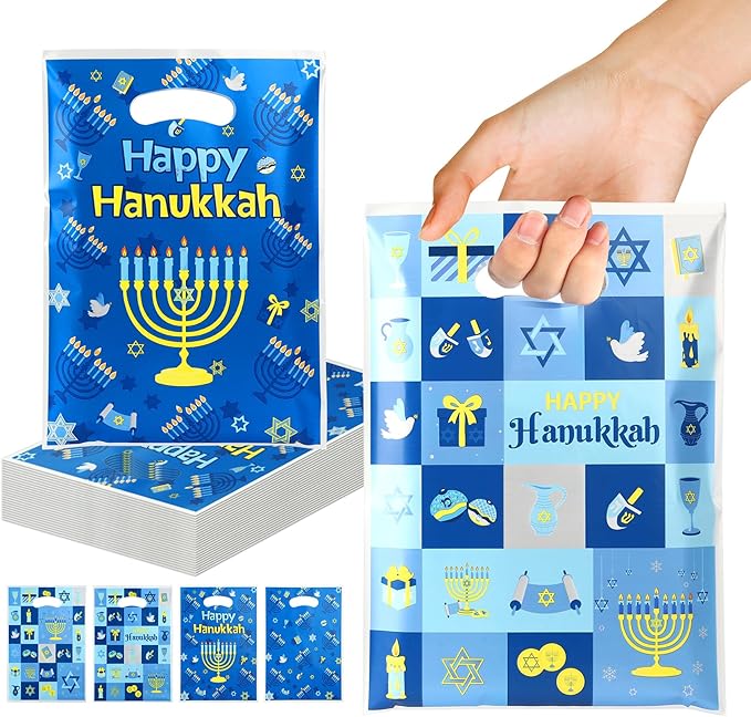 vueuKiGE Hanukkah Gift Bags, 100 PCS Hanukkah Treat Bags with Handles, 7x9.8 Inch Plastic Chanukah Gift Goodie Candy Cookie Bag Jewish Themed Party Favor Bag for Hanukkahs Party Decorations Supplies