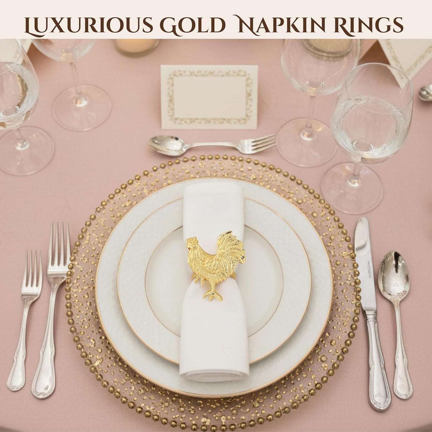 Set of 12 Rooster Napkin Rings for Farmhouse Table Decor | Premium Metal Chicken Dinnerware Holders | Rustic Kitchen & Holiday Party Table Setting (Gold) - ALPHA Living HOME