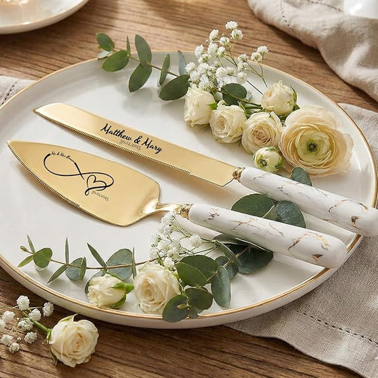 sinfinate Personalized Wedding Cake Knife and Server Set Gold - Custom Engraved Stainless Steel Cake Servers Cutting Set with Marble Pattern, Elegant Gift for Wedding Anniversary Birthday Christmas
