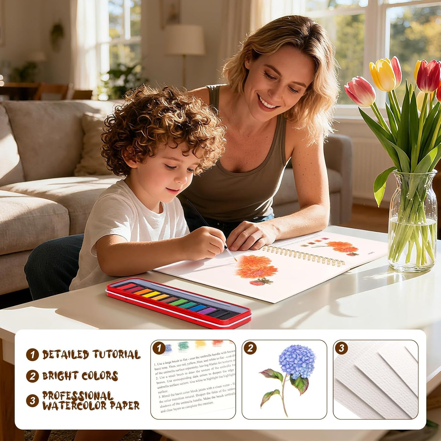 Kivzex Watercolor Workbook for Adults, Beginner Friendly Watercolor Painting Kit Flowers Water Coloring Book, Nature-Themed Practice Art Gift Water Color Paint Book with Palette and Brush