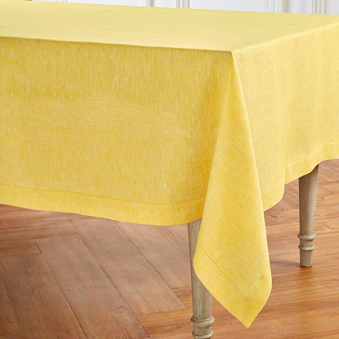 Solino Home Linen Tablecloth 60 x 132 Inch - 100% Pure Linen Chambray Lemon Yellow Table Cloth for Rectangle Tables - Athena, Machine Washable Tablecloth for Spring, Easter