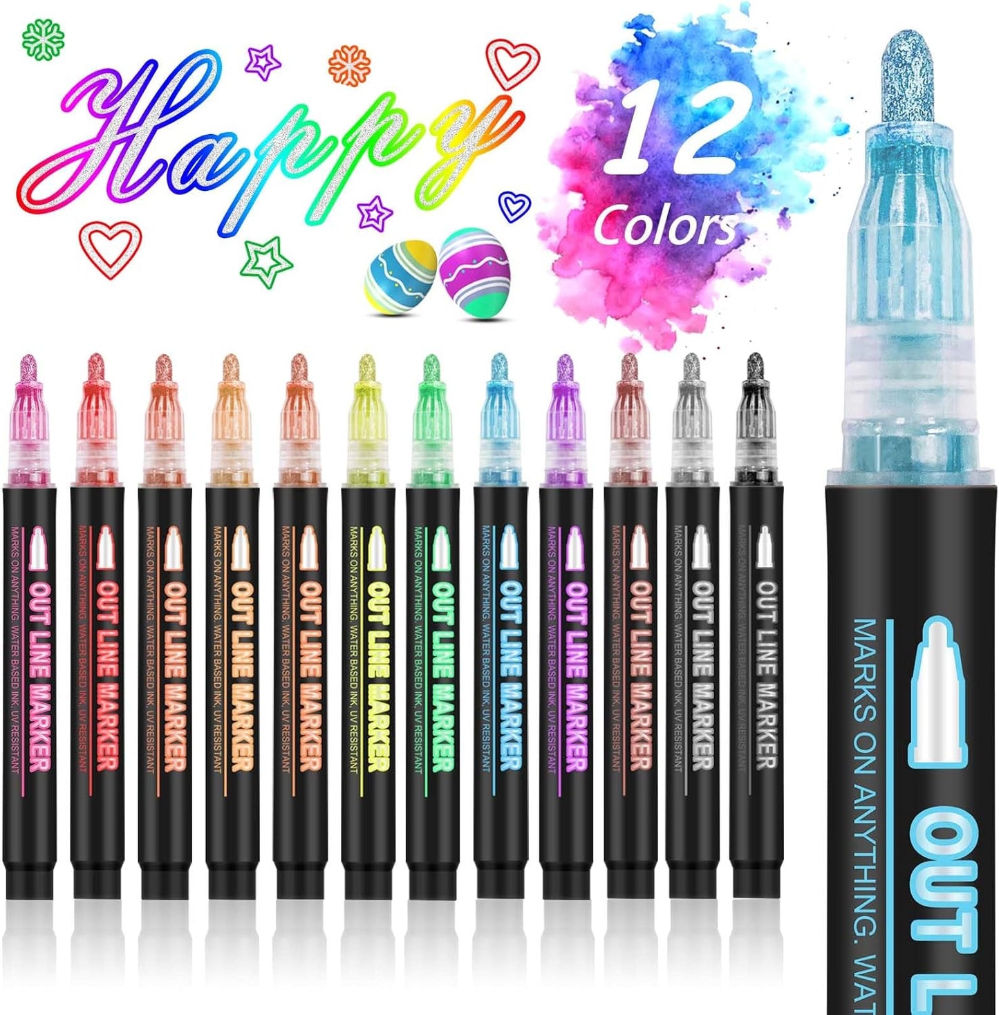 Hoxida Outline Marker Self-outline Metallic Markers, 12 Colors Double Line Outline Markers, Super Squiggles Shimmer Glitter Pen Set for Christmas Greeting Card, Kid Drawing, Doodling,DIY Art Crafts