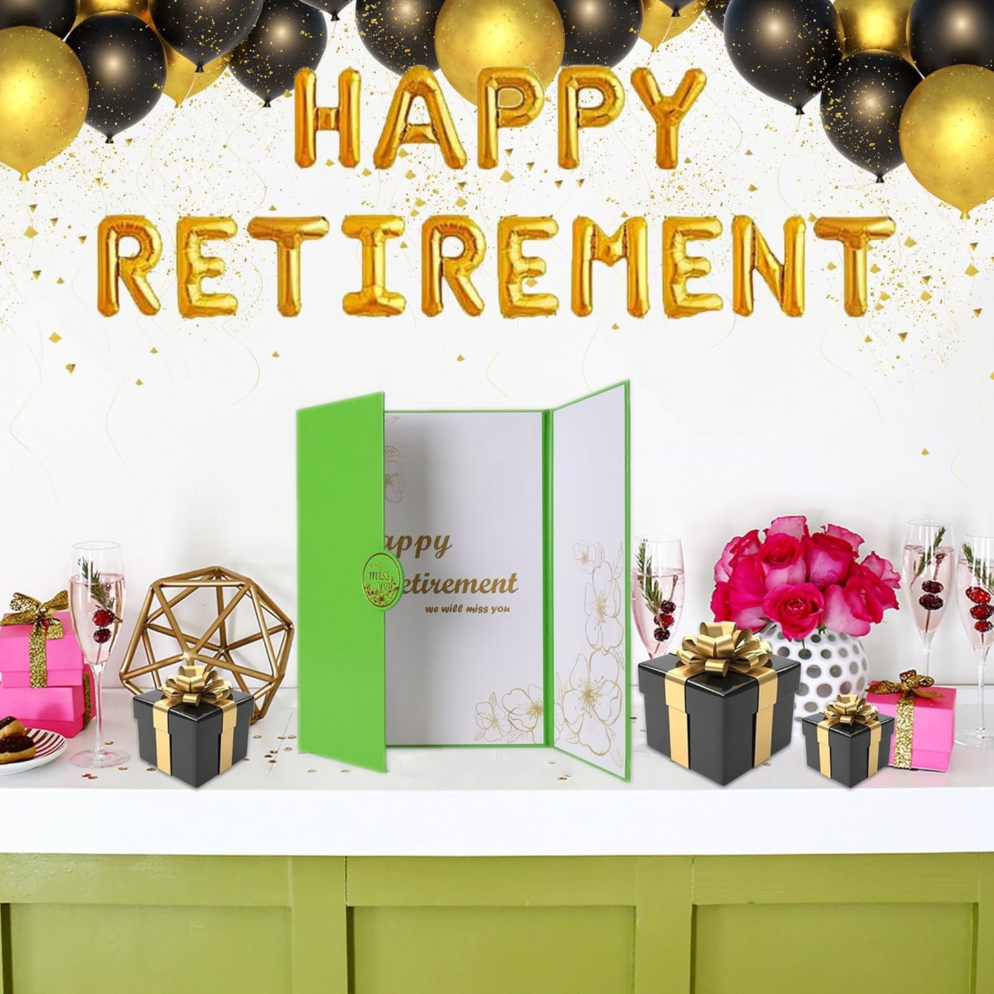 Large Retirement Card for Women Men, Happy Golden Years Party Decorations, Green Gold Farewell Guest Book Alternative, Happy Retirement Gifts Signature Board Book for Farewell Party Supplies（Green）