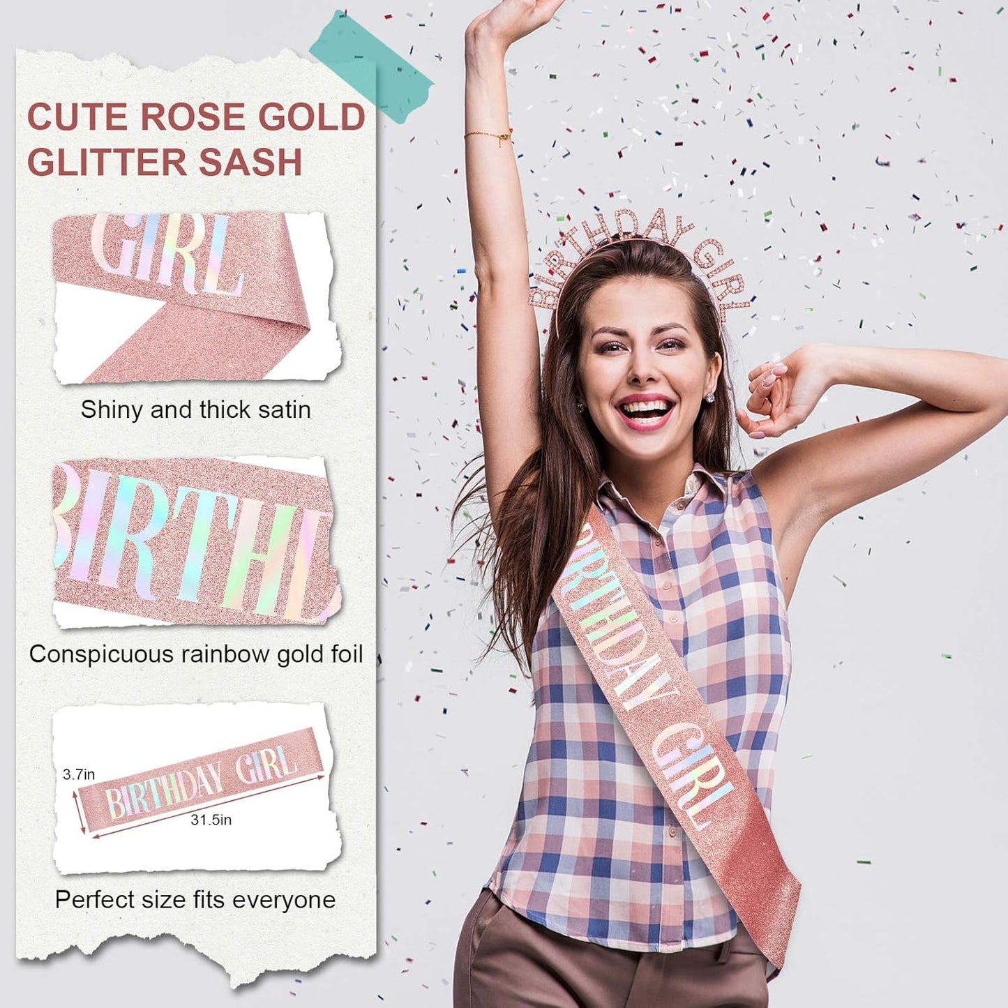 Birthday Crown and Sash Set for Women - Glitter Birthday Girl Sash, Rose-Gold Rhinestone Tiara Headband Gifts Sweet Happy Accessories