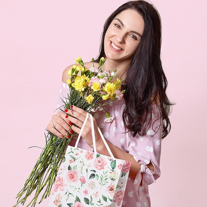 Marspark 24 Pcs Pink Wedding Flowers Paper Gift Bags for Bridal Baby Shower Engagement Birthday Party Supplies Roses Treat Bag with Handles Candy Goodie Bags for Guests, 8.3'' x 5.9'' x 3.1''(Rose)