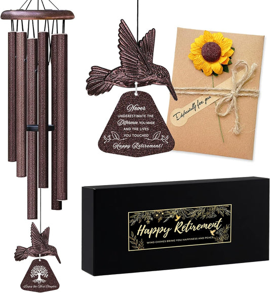 Retirement Gift Wind Chime with Hummingbird, 32" Wind Chimes with Sunflower Greeting Card Happy Retirement Gifts for Women Men Colleague Boss Teachers Friends, Going Away Gifts for Coworker